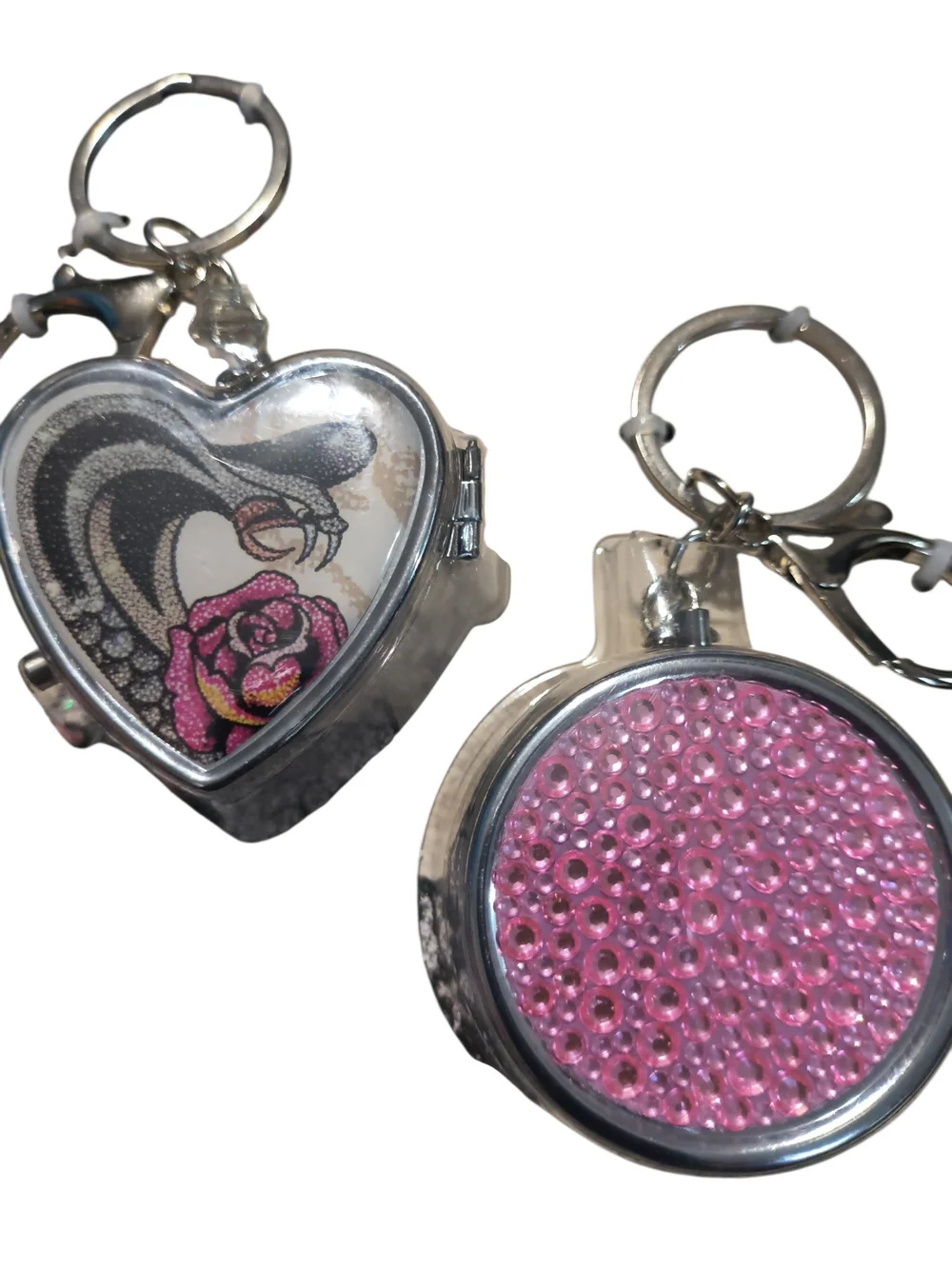 Ed Hardy Silver Keychain Pill Cases with Pink Accents - Heart & Round